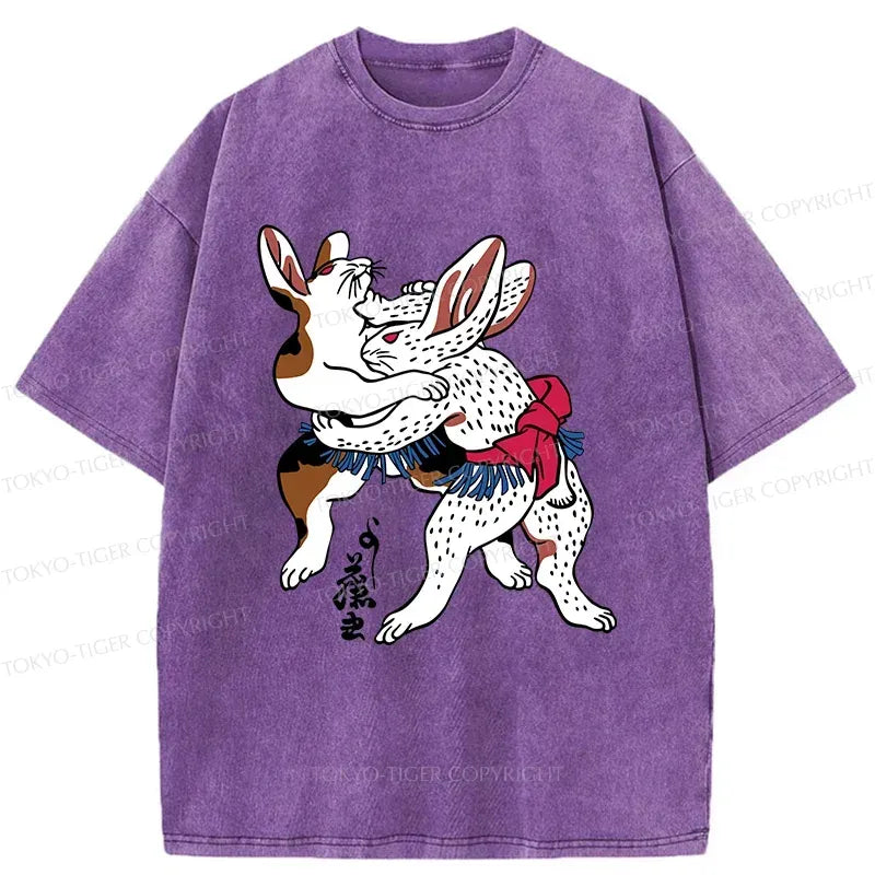 Kyoto-Lion Rabbits Wrestling Sumo Washed T-Shirt