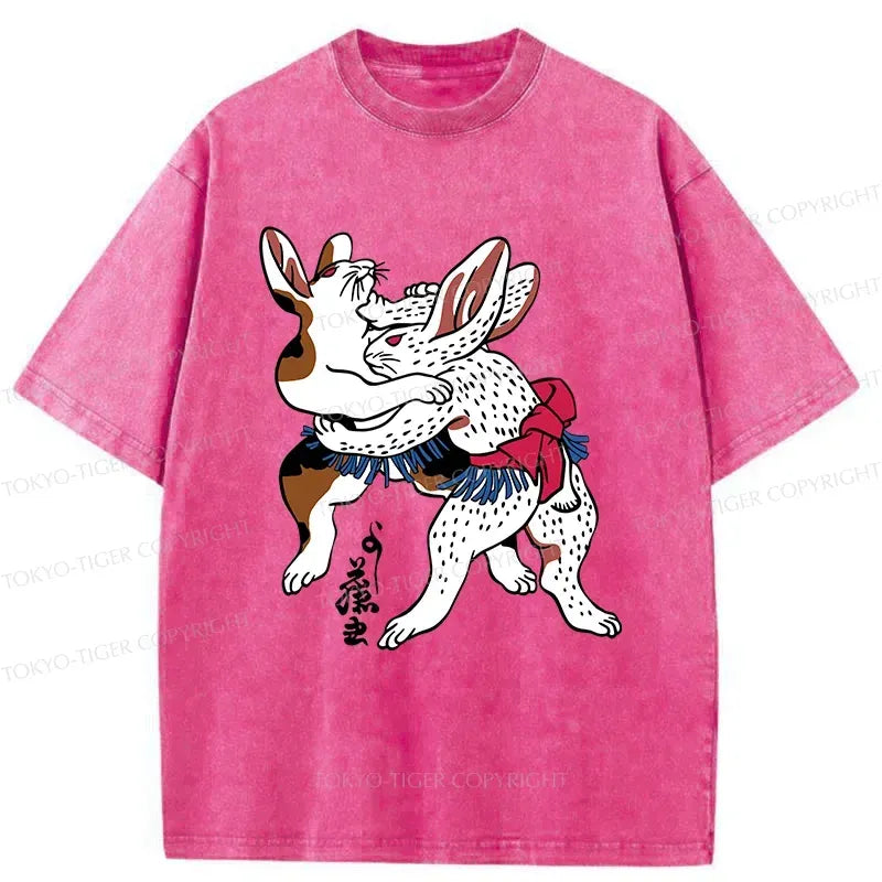 Kyoto-Lion Rabbits Wrestling Sumo Washed T-Shirt