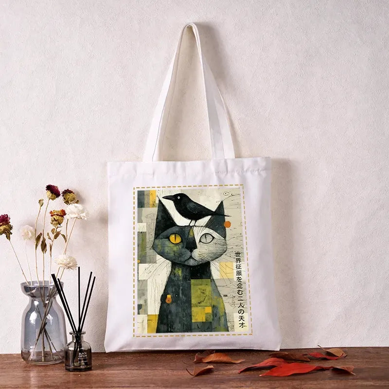 Japanese cat crow tote bag gift idea