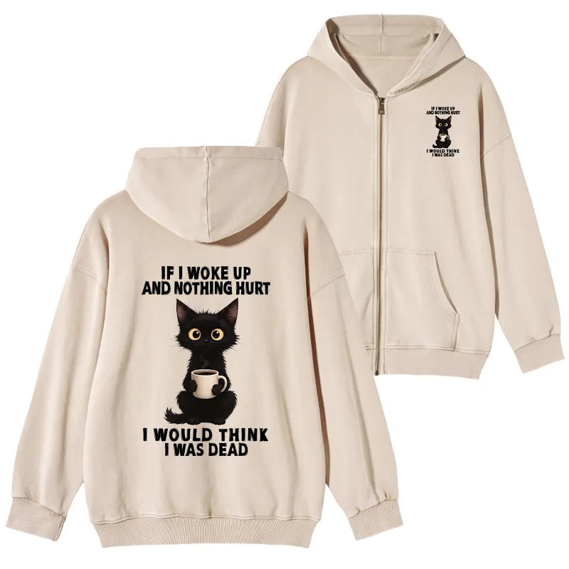 Kyoto-Lion Funny Cute Black Cat And Coffee Meme Washed Zip Hoodie