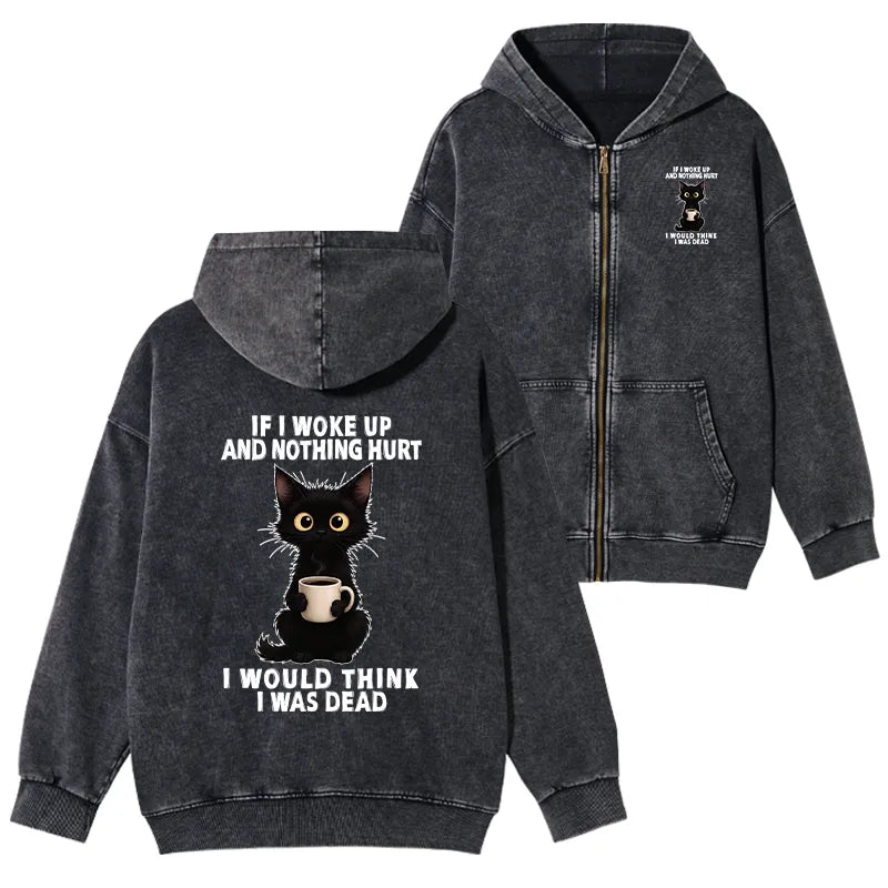 Kyoto-Lion Funny Cute Black Cat And Coffee Meme Washed Zip Hoodie