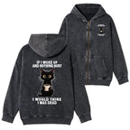 Kyoto-Lion Funny Cute Black Cat And Coffee Meme Washed Zip Hoodie