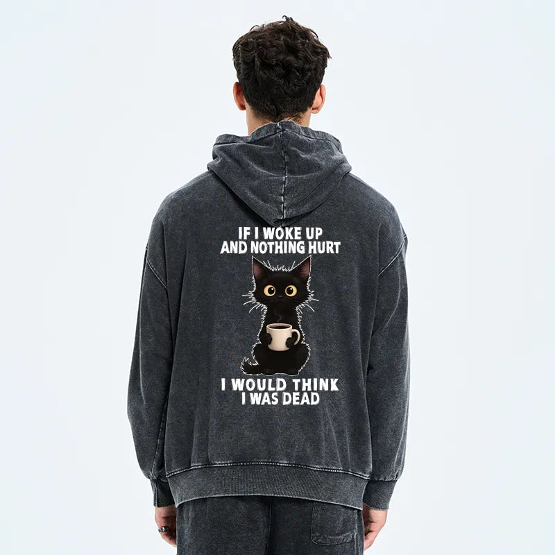 Kyoto-Lion Funny Cute Black Cat And Coffee Meme Washed Zip Hoodie