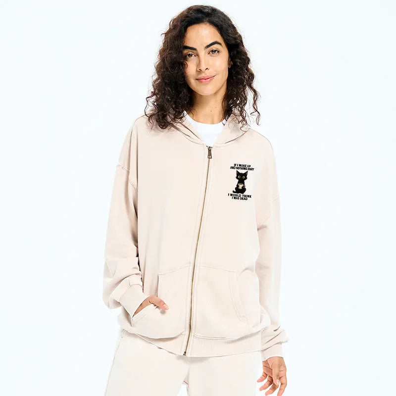 Kyoto-Lion Funny Cute Black Cat And Coffee Meme Washed Zip Hoodie