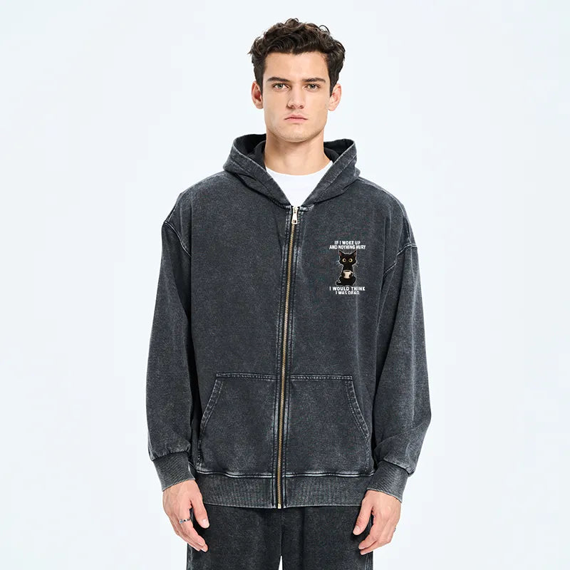 Kyoto-Lion Funny Cute Black Cat And Coffee Meme Washed Zip Hoodie