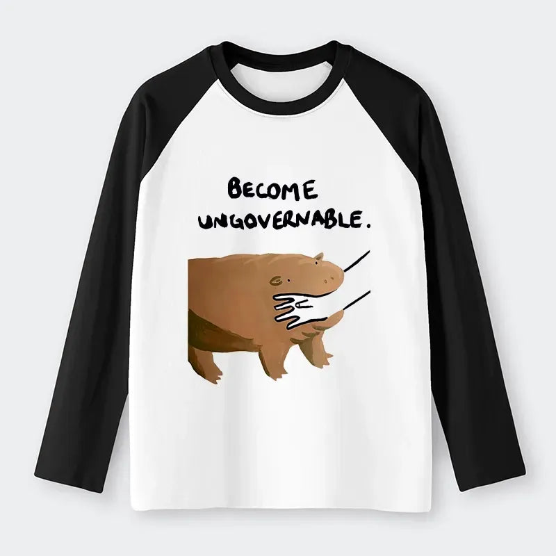 Kyoto-Lion Moo Deng Bites Someone's Arm Raglan Long Sleeve T-shirt