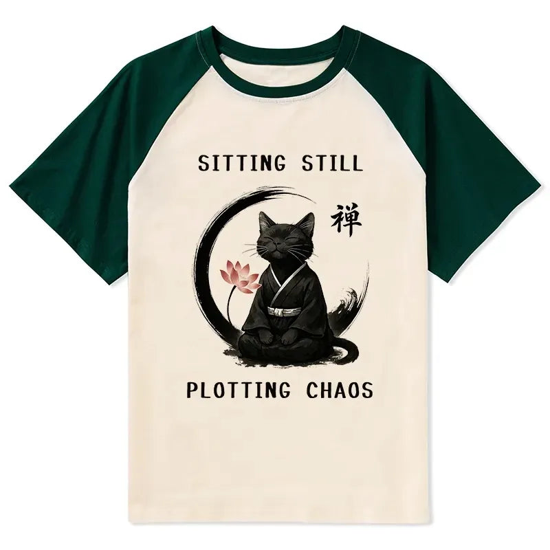 Kyoto-Lion Sitting Still Plotting Chaos Calming Zen Cat Funny Raglan T-shirt