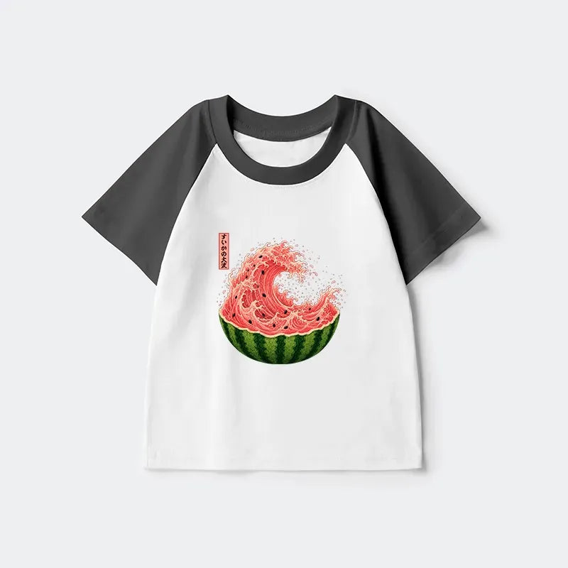 Kyoto-Lion Watermelon Wave Summer Ukiyo Art Kids Raglan T-shirt