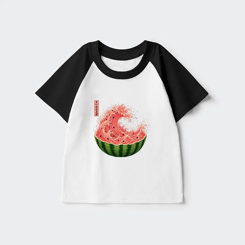 Kyoto-Lion Watermelon Wave Summer Ukiyo Art Kids Raglan T-shirt