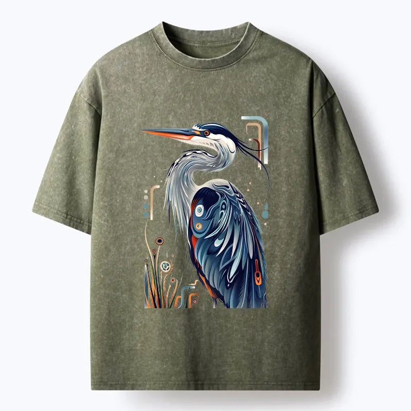 Kyoto-Lion Stylish Blue Heron Washed T-Shirt