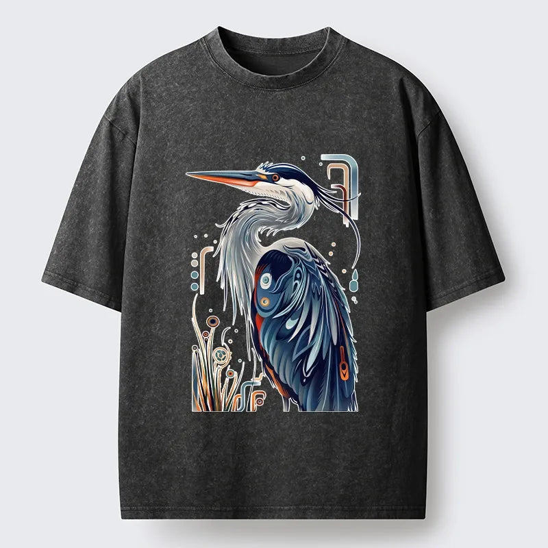 Kyoto-Lion Stylish Blue Heron Washed T-Shirt
