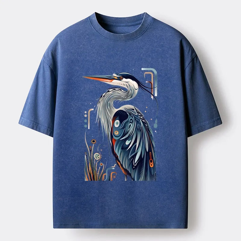 Kyoto-Lion Stylish Blue Heron Washed T-Shirt