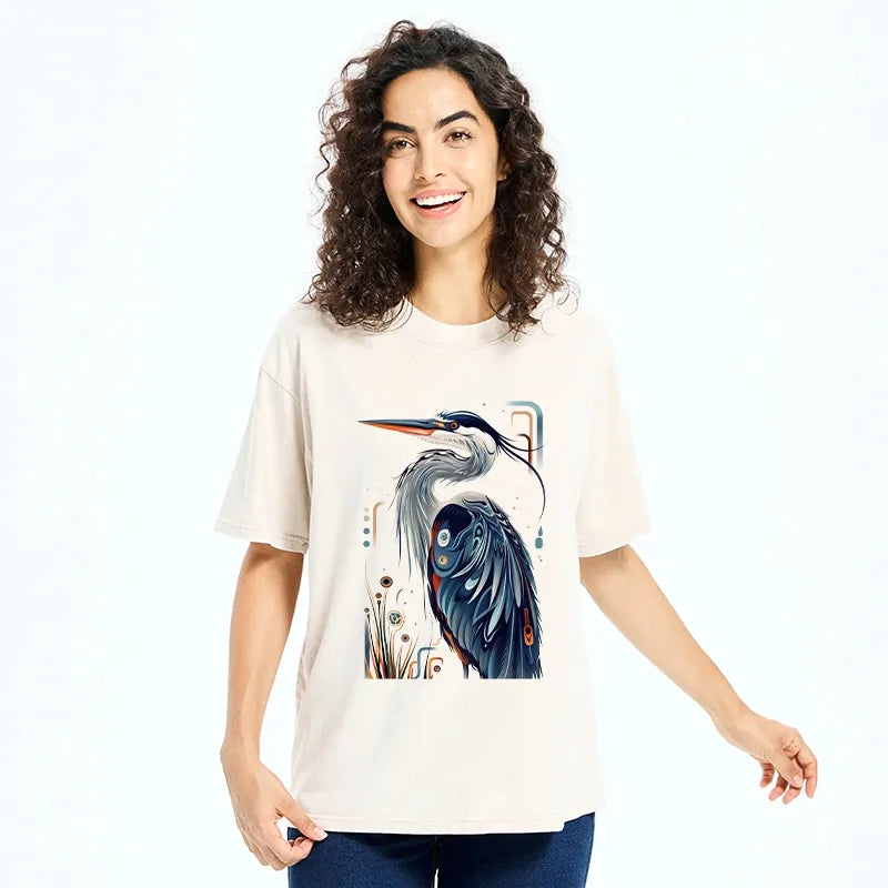 Kyoto-Lion Stylish Blue Heron Washed T-Shirt