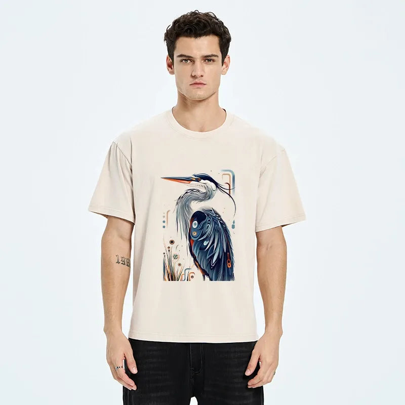 Kyoto-Lion Stylish Blue Heron Washed T-Shirt