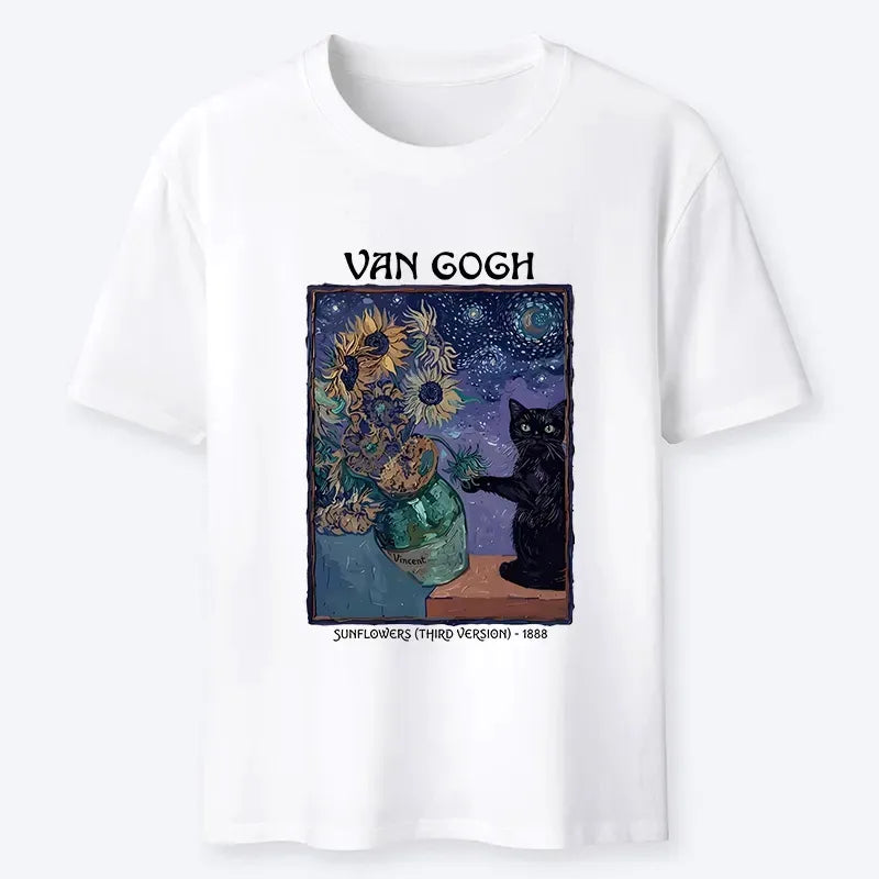 Kyoto-Lion Art Mix Sunflower Starry Cat Print Classic T-Shirt