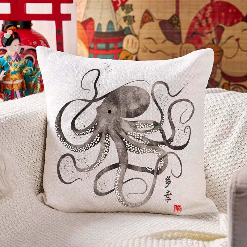 Kyoto-Lion Octopus Japanese Calligraphy Cushion Pillow