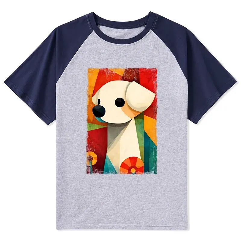 Japanese Retro Puppy Raglan T-shirt for Daily Wear