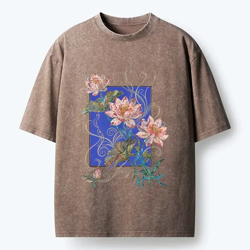 Kyoto-Lion Lotus Art Floral Vibe Washed T-Shirt