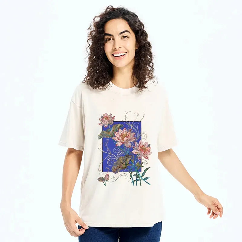 Kyoto-Lion Lotus Art Floral Vibe Washed T-Shirt