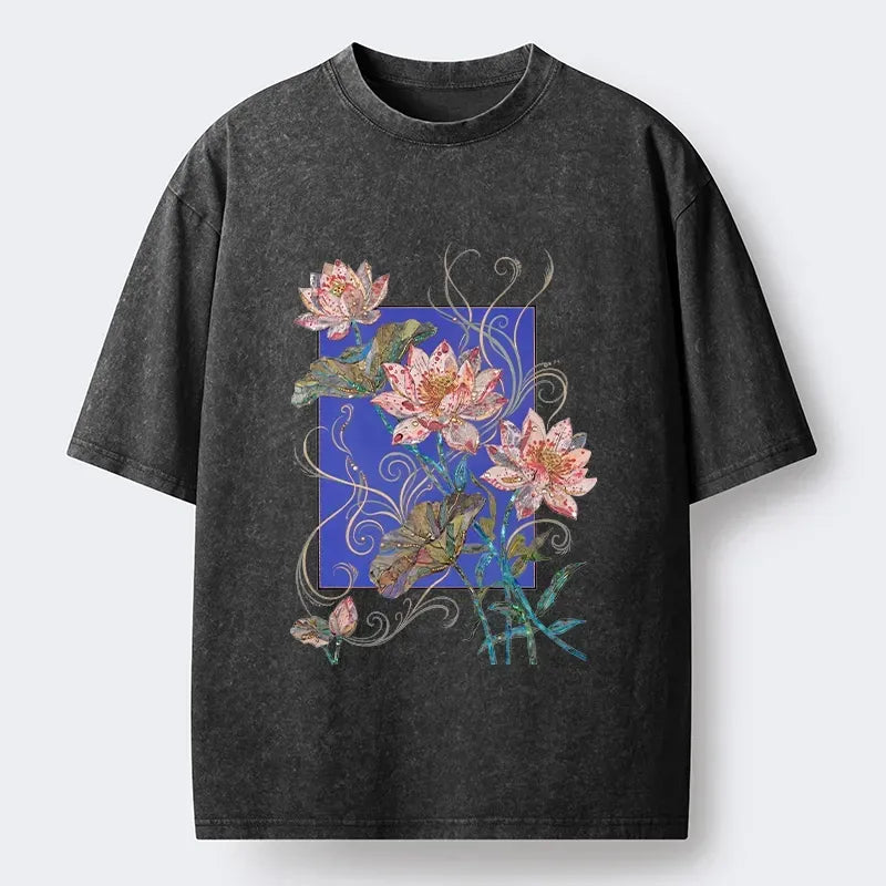Kyoto-Lion Lotus Art Floral Vibe Washed T-Shirt