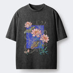 Kyoto-Lion Lotus Art Floral Vibe Washed T-Shirt