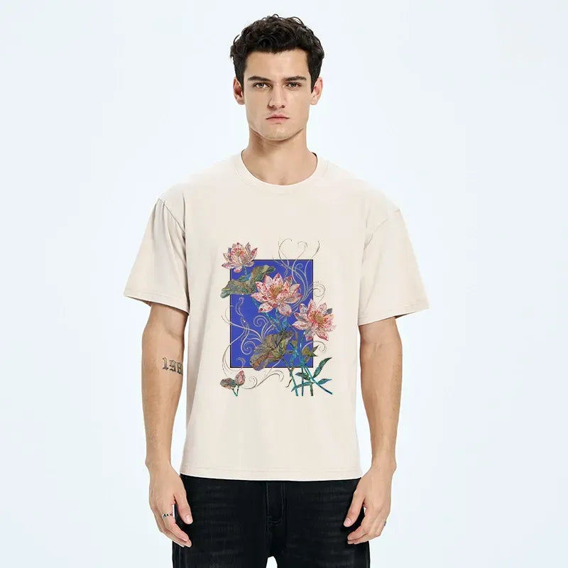 Kyoto-Lion Lotus Art Floral Vibe Washed T-Shirt