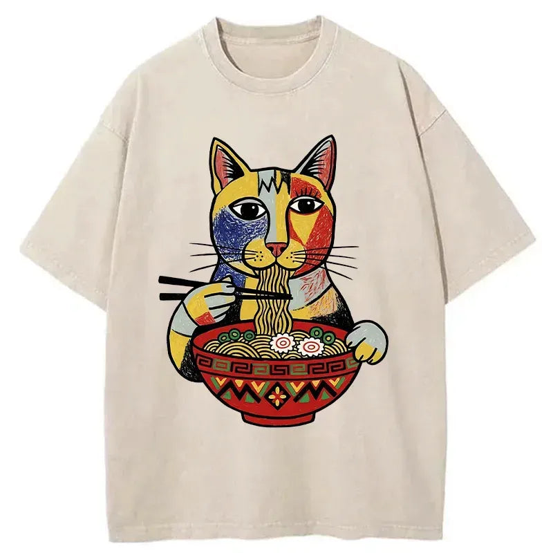 Kyoto-Lion Abstract Cat Eating Ramen Japan Washed T-Shirt