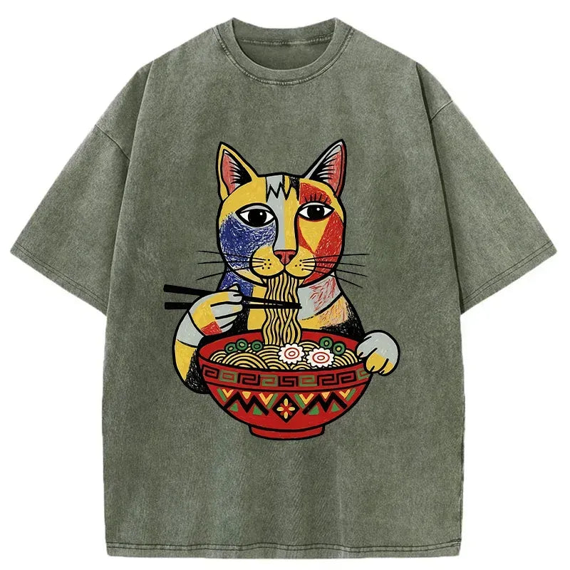 Kyoto-Lion Abstract Cat Eating Ramen Japan Washed T-Shirt