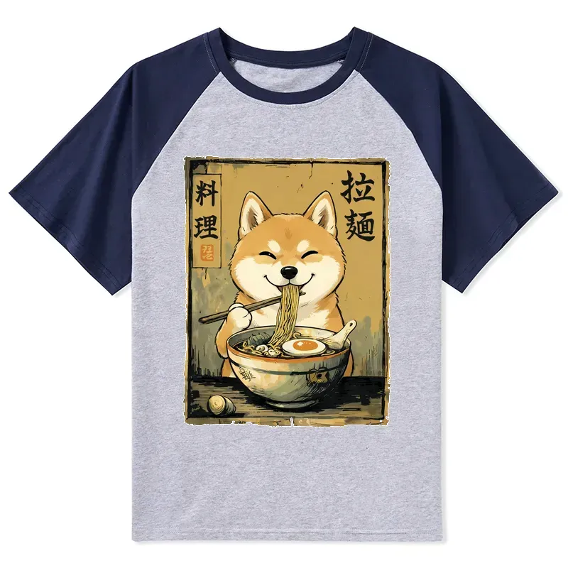 Kyoto-Lion Happy Shiba Eating Ramen Raglan T-shirt