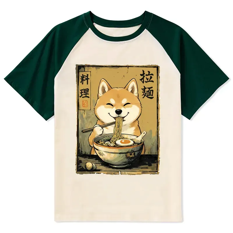 Kyoto-Lion Happy Shiba Eating Ramen Raglan T-shirt