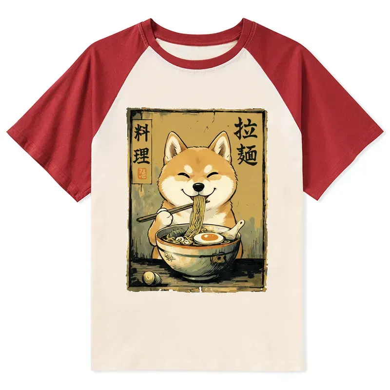 Kyoto-Lion Happy Shiba Eating Ramen Raglan T-shirt