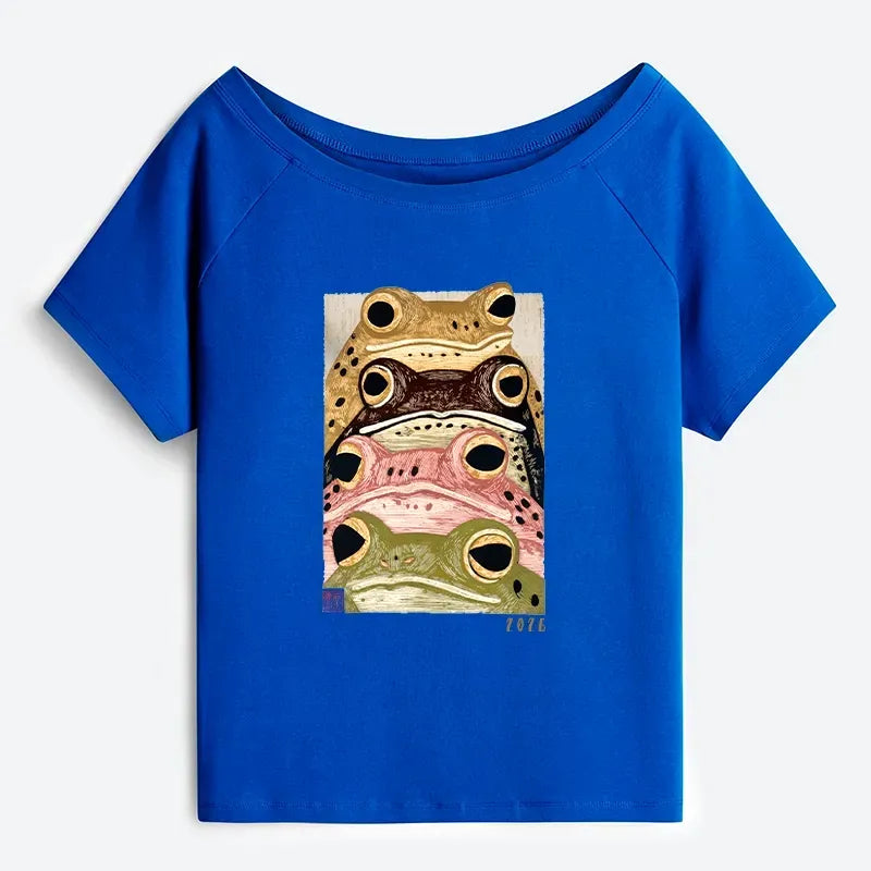 Kyoto-Lion Whimsical Multi Colored Frog Art Off Shoulder T-Shirt