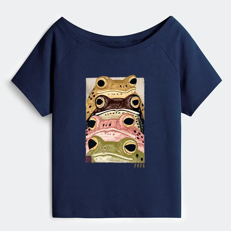 Kyoto-Lion Whimsical Multi Colored Frog Art Off Shoulder T-Shirt