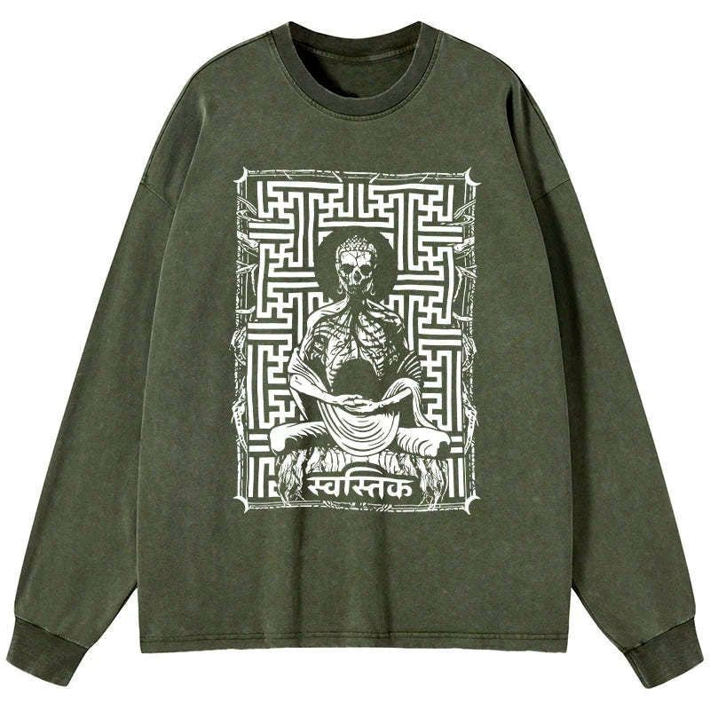 Japanese Buddha graphic washed long sleeve t-shirt