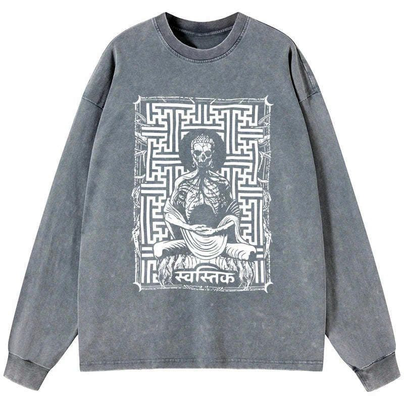 Japanese Buddha graphic washed long sleeve t-shirt
