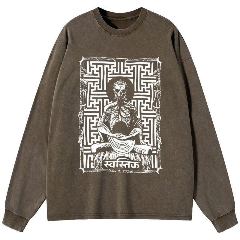 Kyoto-Lion Sayagata Buddha Graphic Washed Long Sleeve T-Shirt