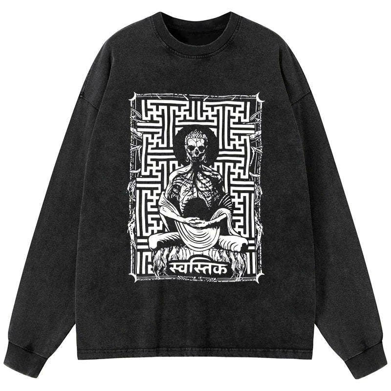 Kyoto-Lion Sayagata Buddha Graphic Washed Long Sleeve T-Shirt
