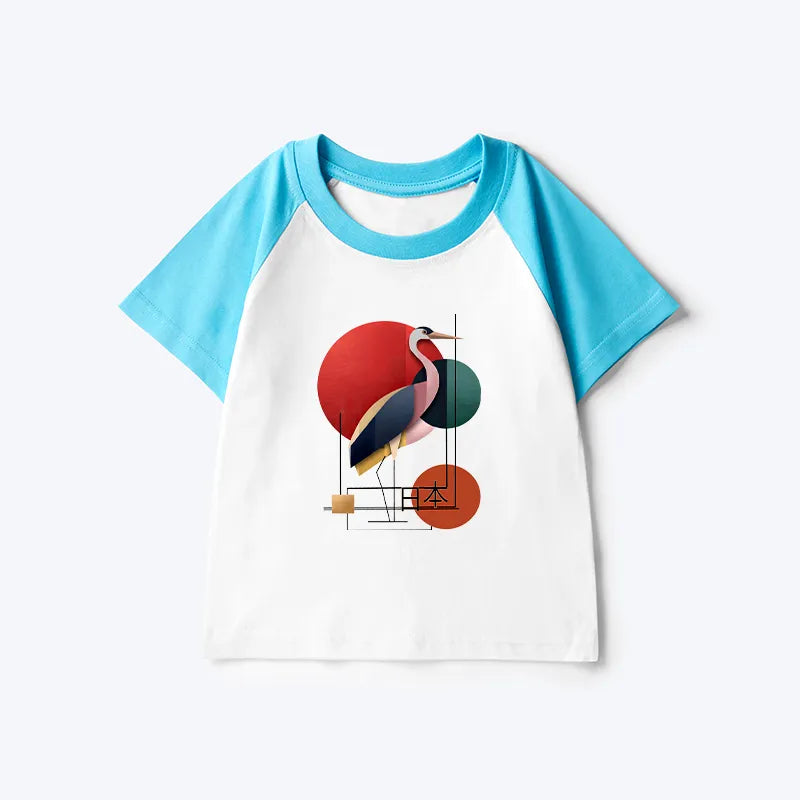 Kyoto-Lion Geometric Crane Art Kids Raglan T-shirt