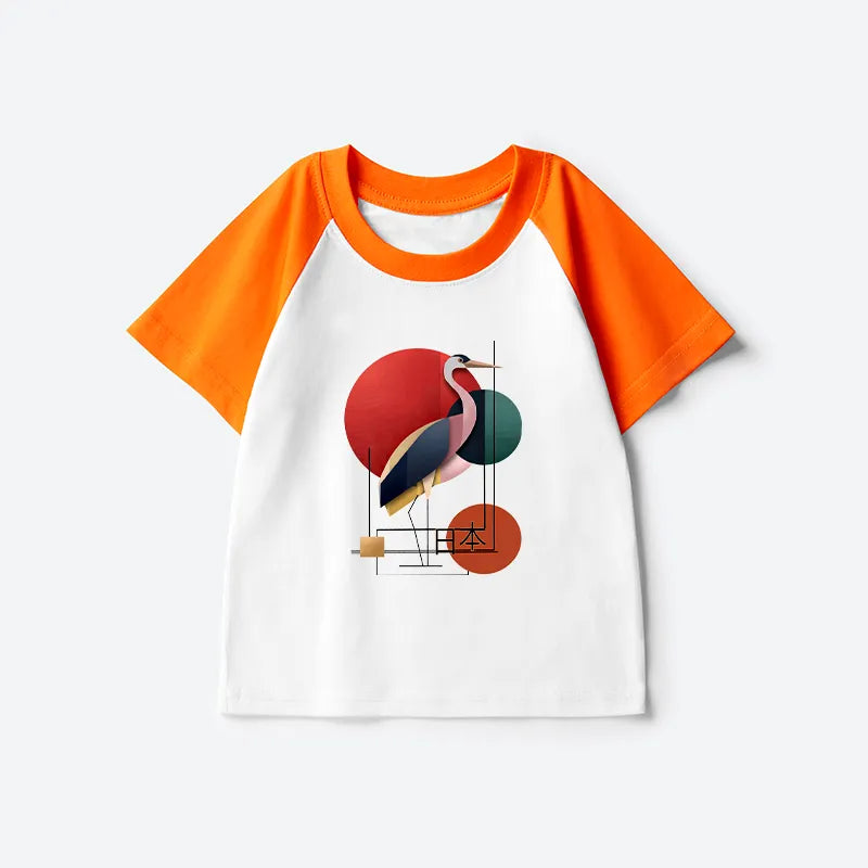 Kyoto-Lion Geometric Crane Art Kids Raglan T-shirt