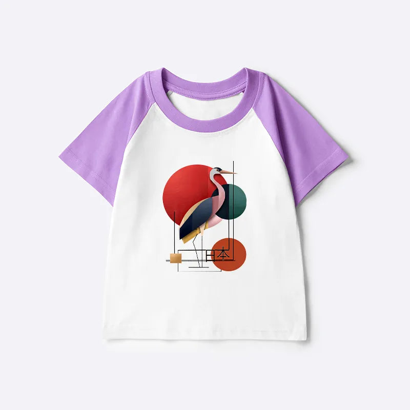 Kyoto-Lion Geometric Crane Art Kids Raglan T-shirt