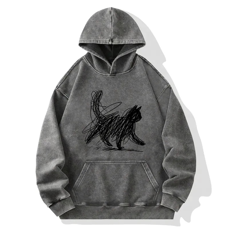 Kyoto-Lion Minimalist Cat Art Washed Hoodie