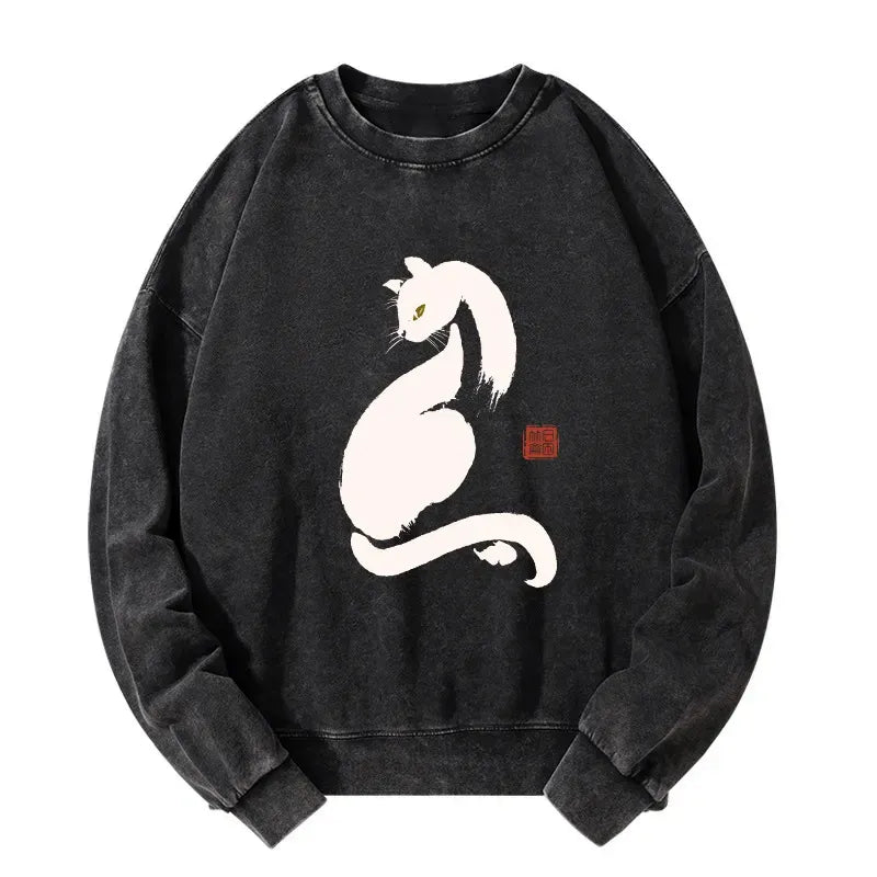Kyoto-Lion Elegant Black Cat Japan Washed Sweatshirt