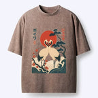Kyoto-Lion Twin Red Cranes Long Life Art Washed T-Shirt