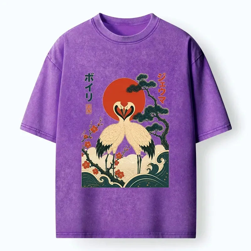 Kyoto-Lion Twin Red Cranes Long Life Art Washed T-Shirt