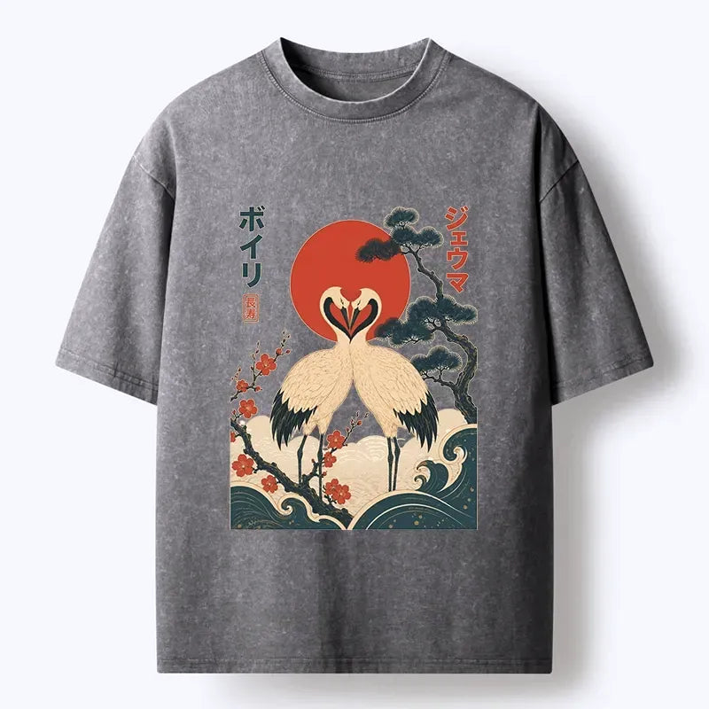 Kyoto-Lion Twin Red Cranes Long Life Art Washed T-Shirt