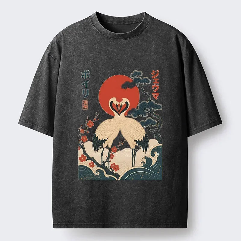 japanese red crane art washed t-shirt