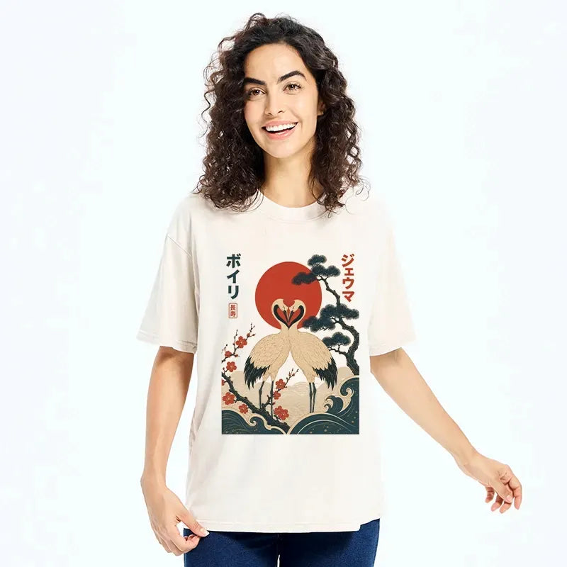 japanese red crane art washed t-shirt