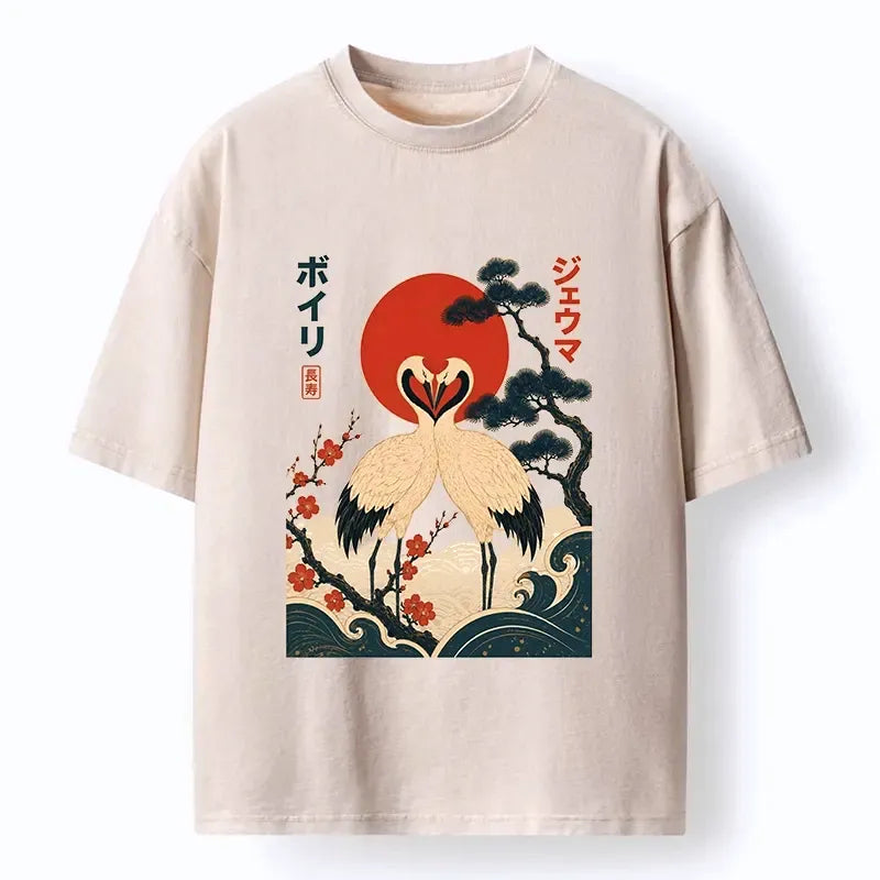 Kyoto-Lion Twin Red Cranes Long Life Art Washed T-Shirt