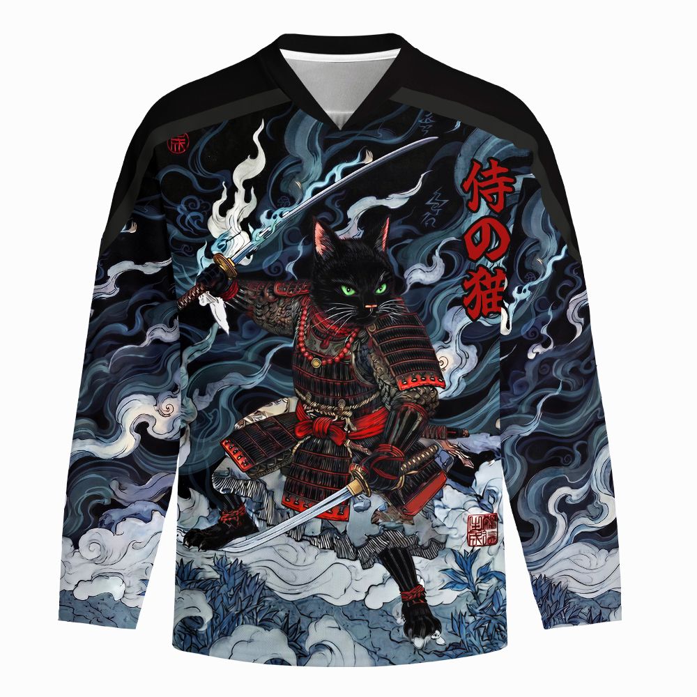 Kyoto-Lion Shadow Samurai Cat Long-Sleeve Hockey Jersey