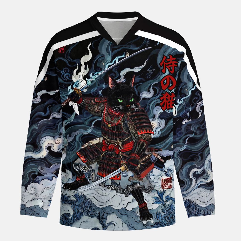 Kyoto-Lion Shadow Samurai Cat Long-Sleeve Hockey Jersey
